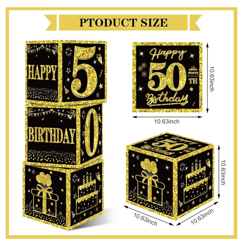 50th Birthday Decorations 3 pc. Boxes , Men Women, Black Gold Happy 50 Birthday